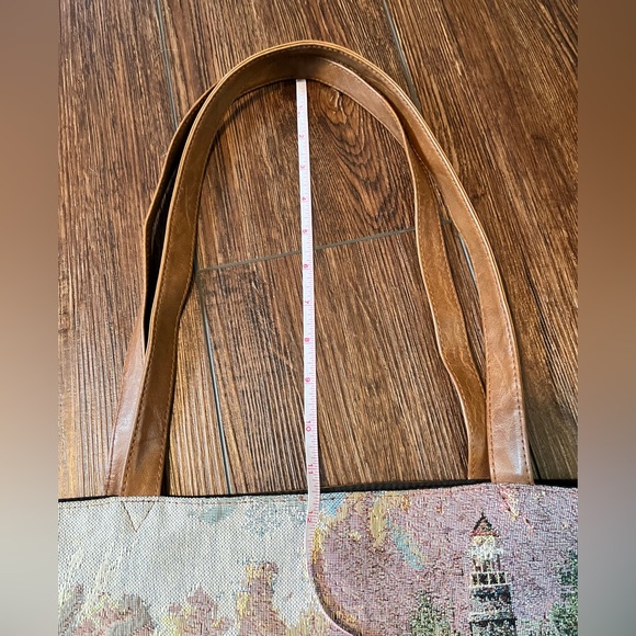 Thomas Kinkade tote. Tapestry design on front. Vegan leather back & bottom. - Picture 9 of 11